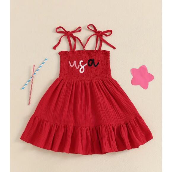 NWT Girls 4th of July Red Smocked USA Embroidered Dress - Picture 1 of 5